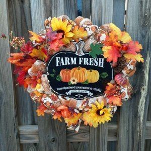 Farm Fresh Pumpkins Farmhouse Wreath Autumn Thanksgiving Deco Mesh Handmade 18"